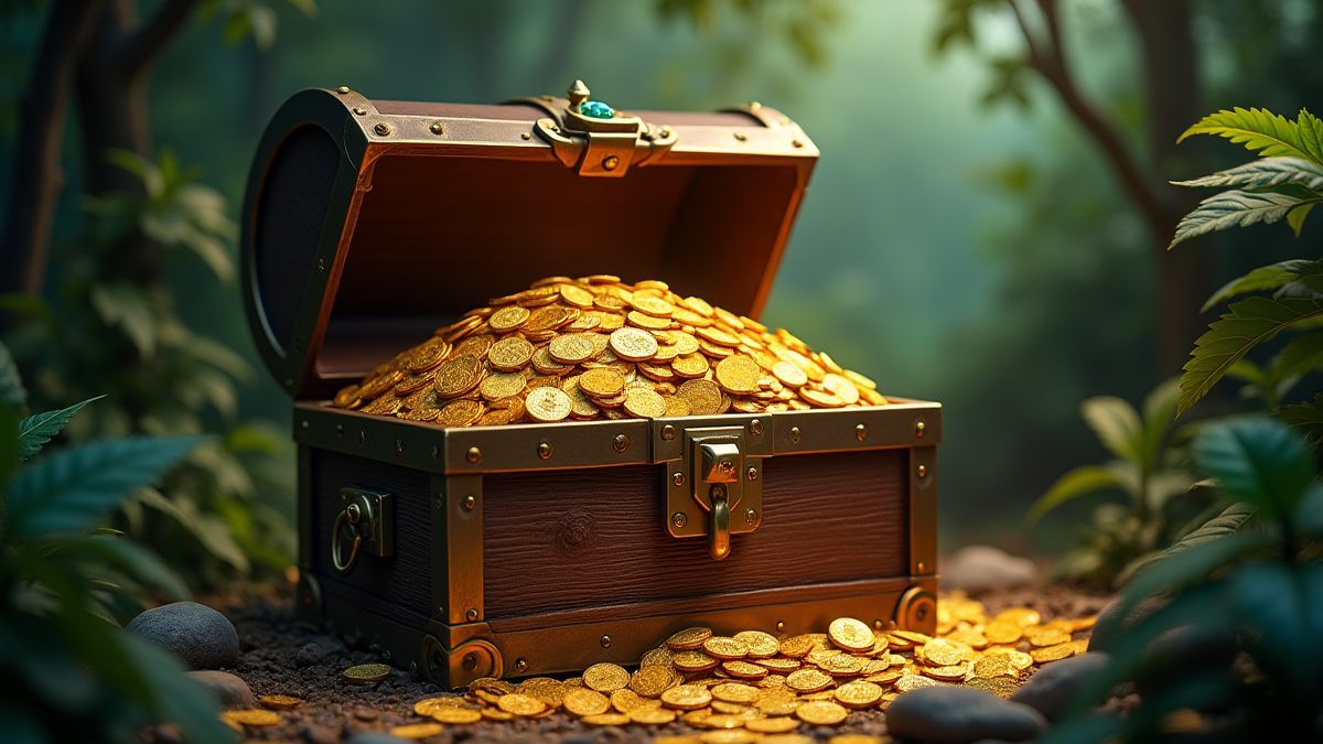Cofre do tesouro cheio de moedas e joias em uma selva