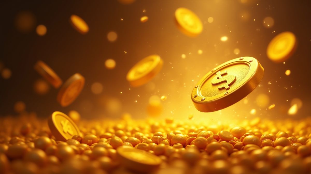 Moedas de ouro voando com brilhos em um jogo temático de tesouros