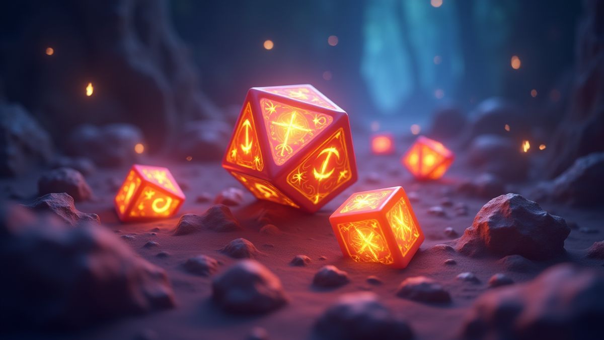 Representação animada do mundo criativo da ZEUS PLAY com dados luminosos e símbolos místicos