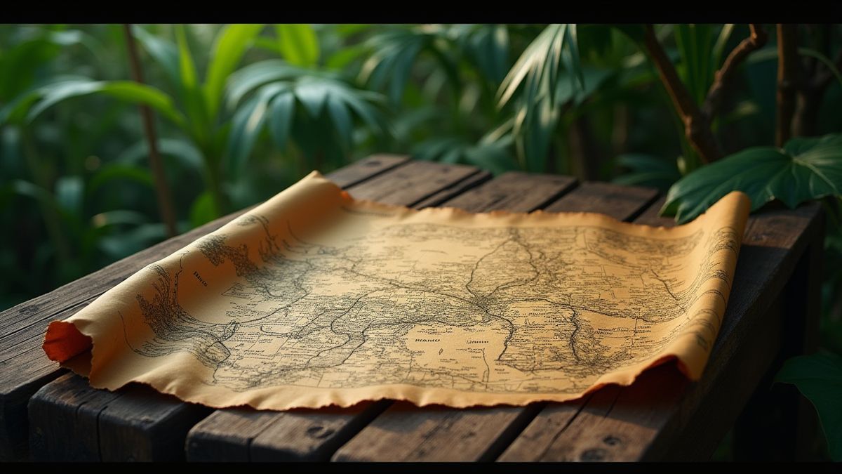 Treasure map on a wooden table in the middle of the jungle.