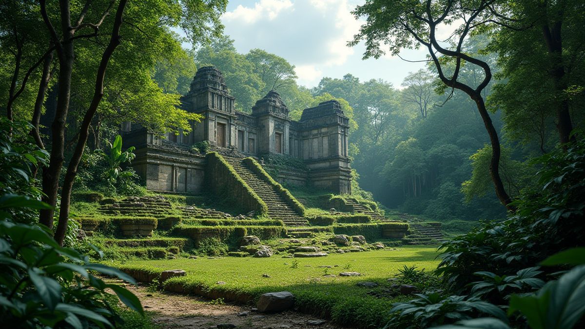 Ancient ruins surrounded by lush vegetation.