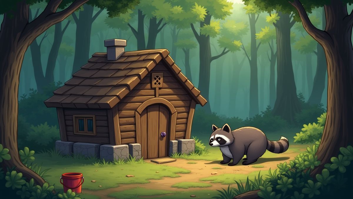 Una cabaña en el bosque con trampas y cubos para atrapar al mapache.
