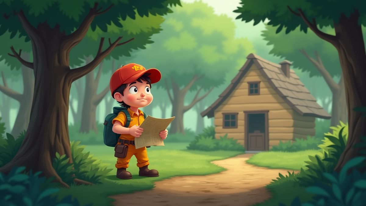 Un exterminador sosteniendo un mapa y luciendo confundido en el bosque.