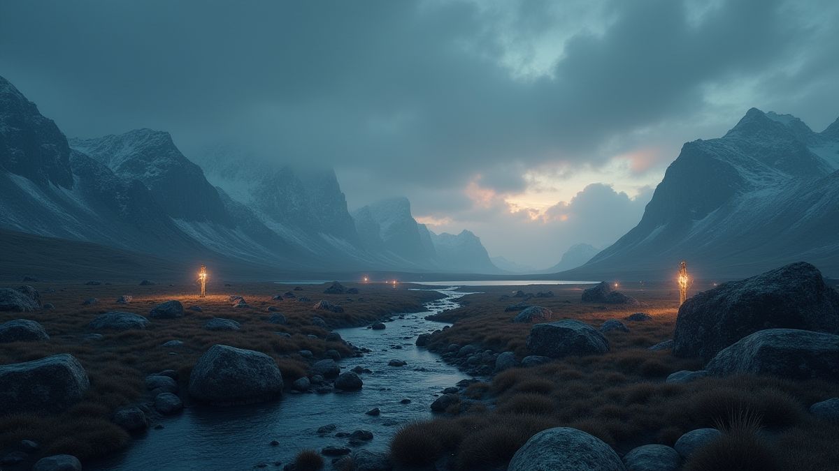 Paisagem nórdica com runas brilhantes