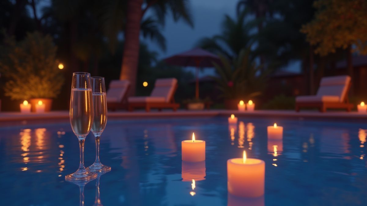 Piscina iluminada com velas e copas de champanhe.