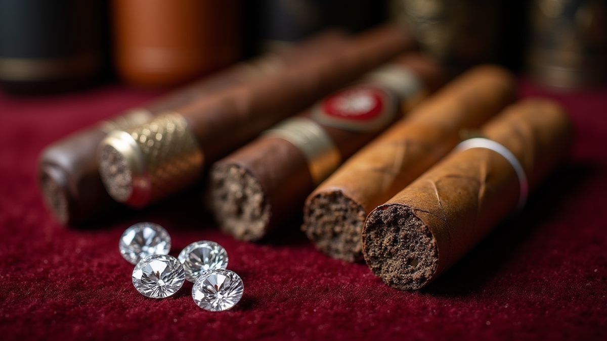 Próximo de objetos de luxo como charutos e diamantes sobre veludo.