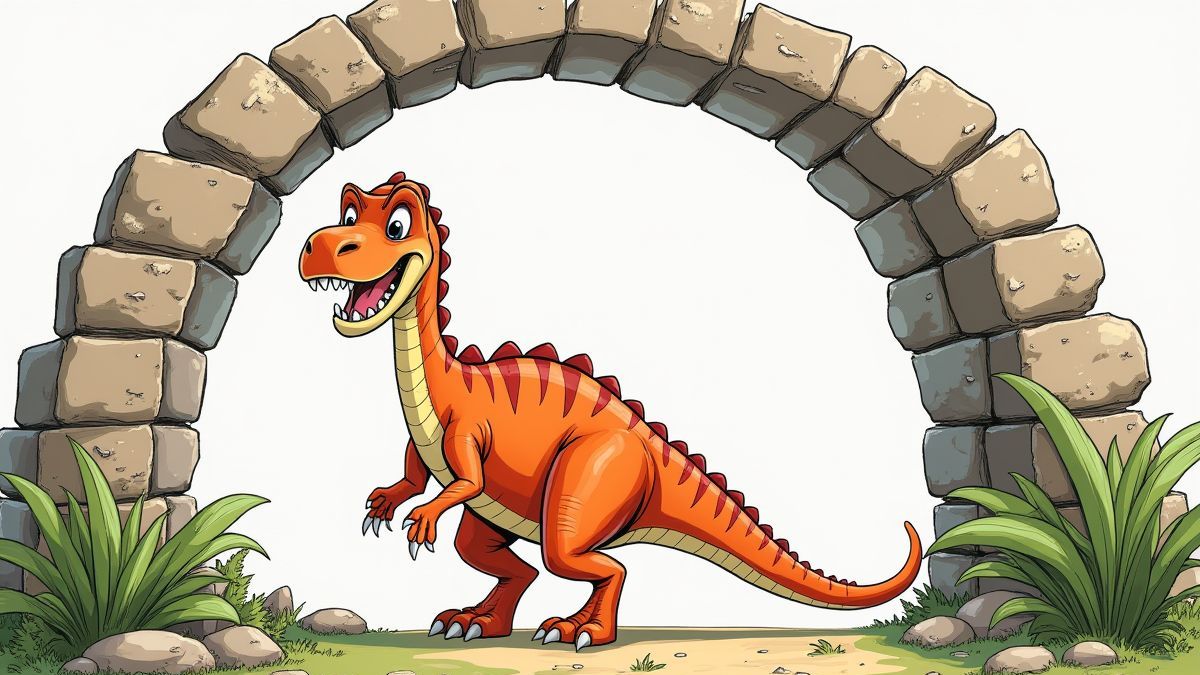 Un dinosaurio animado en un entorno prehistórico con un arco de piedra.