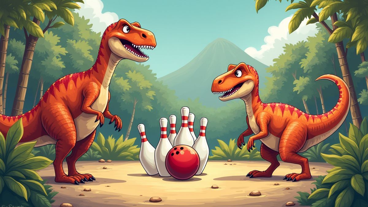 Una escena de bolos en un entorno prehistórico.