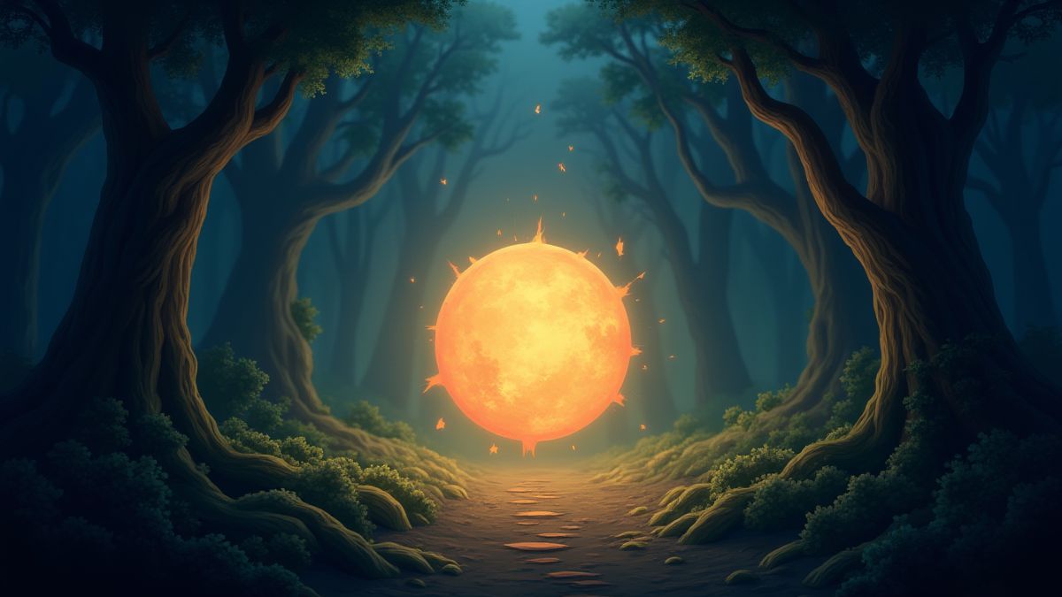 Een stralende orb omringd door mystiek licht in een betoverd bos.