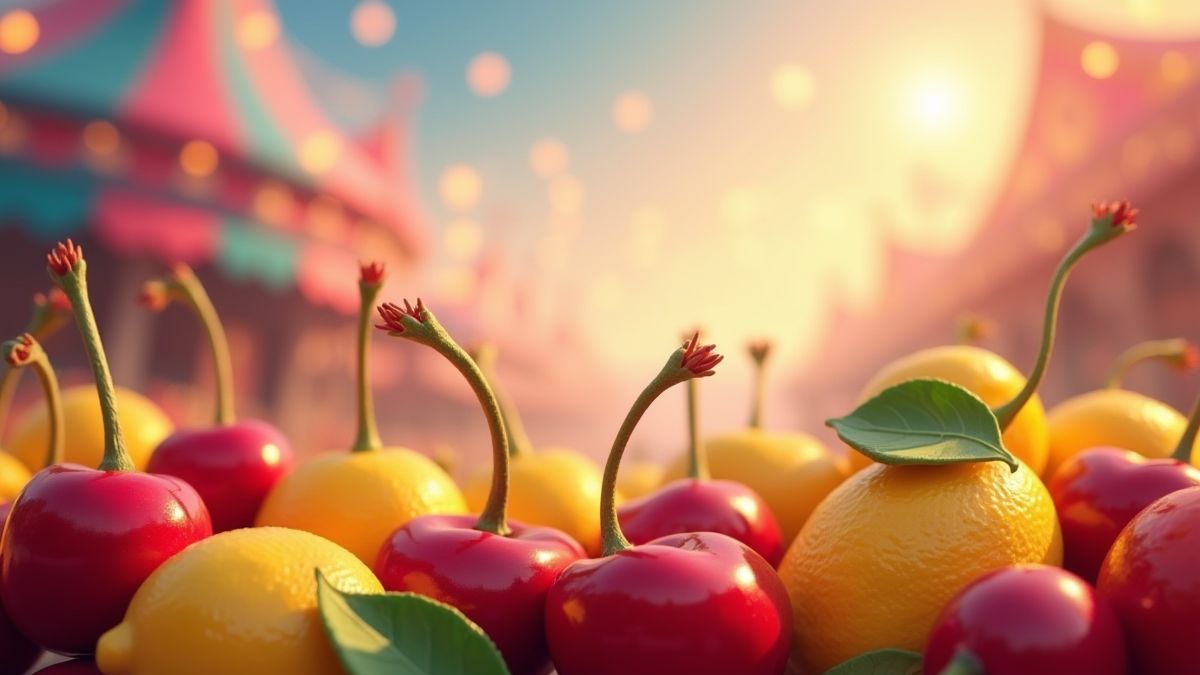 Buntes Hintergrundbild mit animierten Früchten.