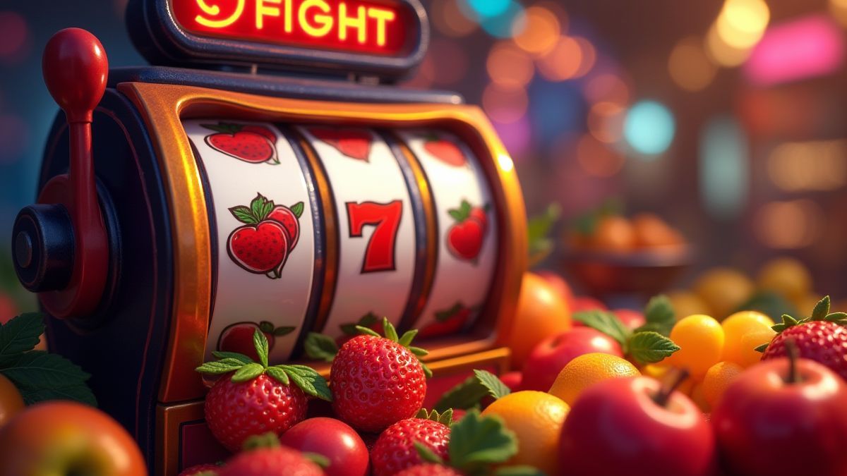 Früchte, die sich in einem Spielautomaten drehen.