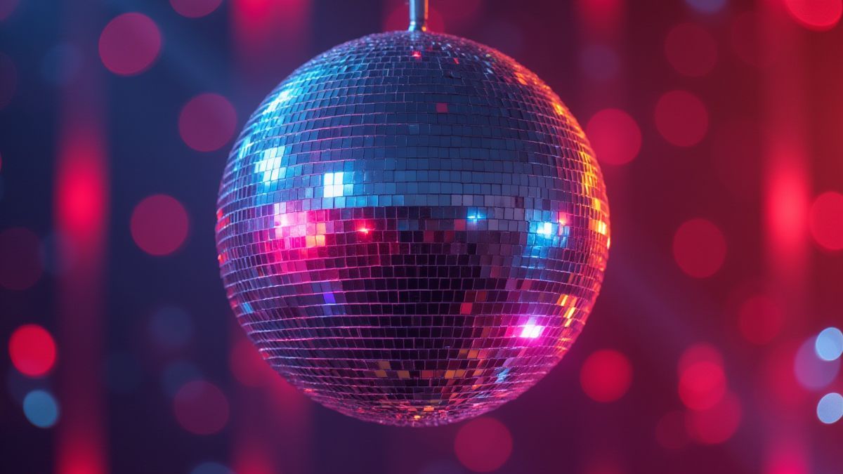 A disco ball illuminated in a retro environment.