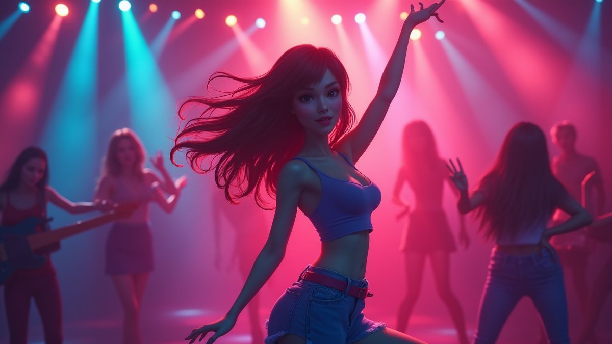 A woman dancing in disco style under vibrant lights.