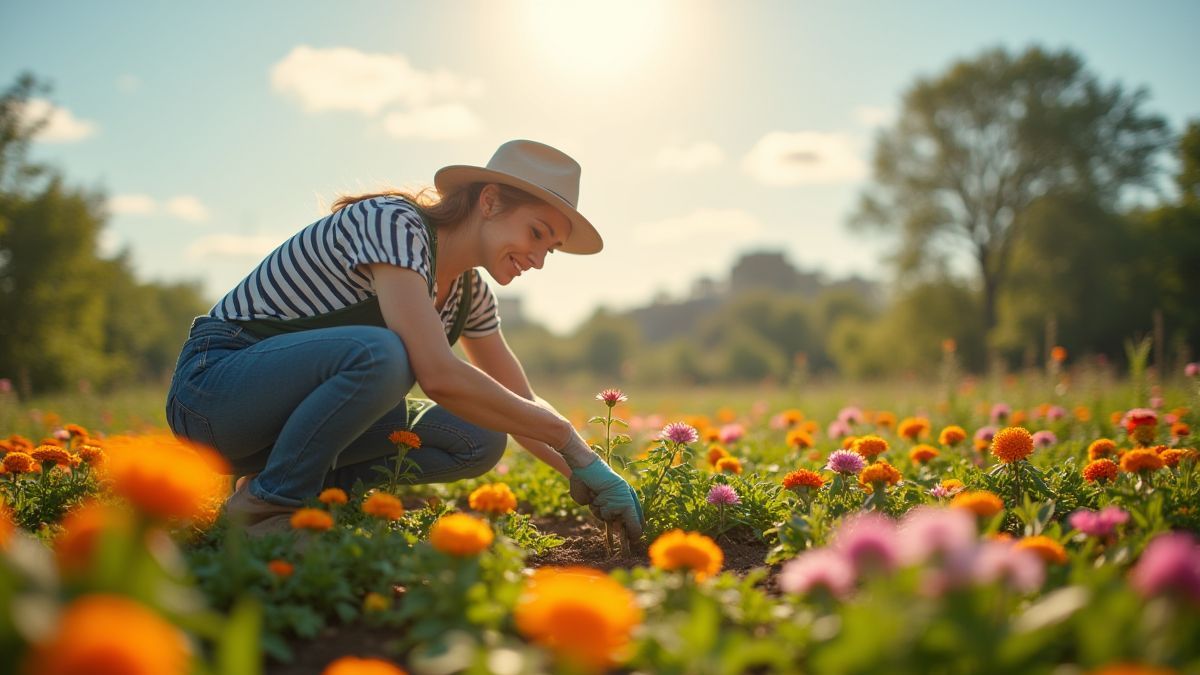 A gardener planting flowers on a sunny day.
