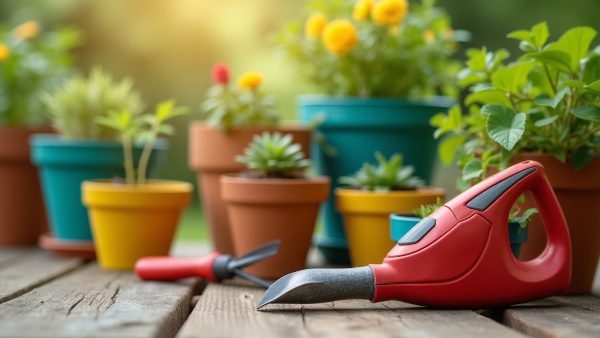 Flower pots and gardening tools on a wooden table.