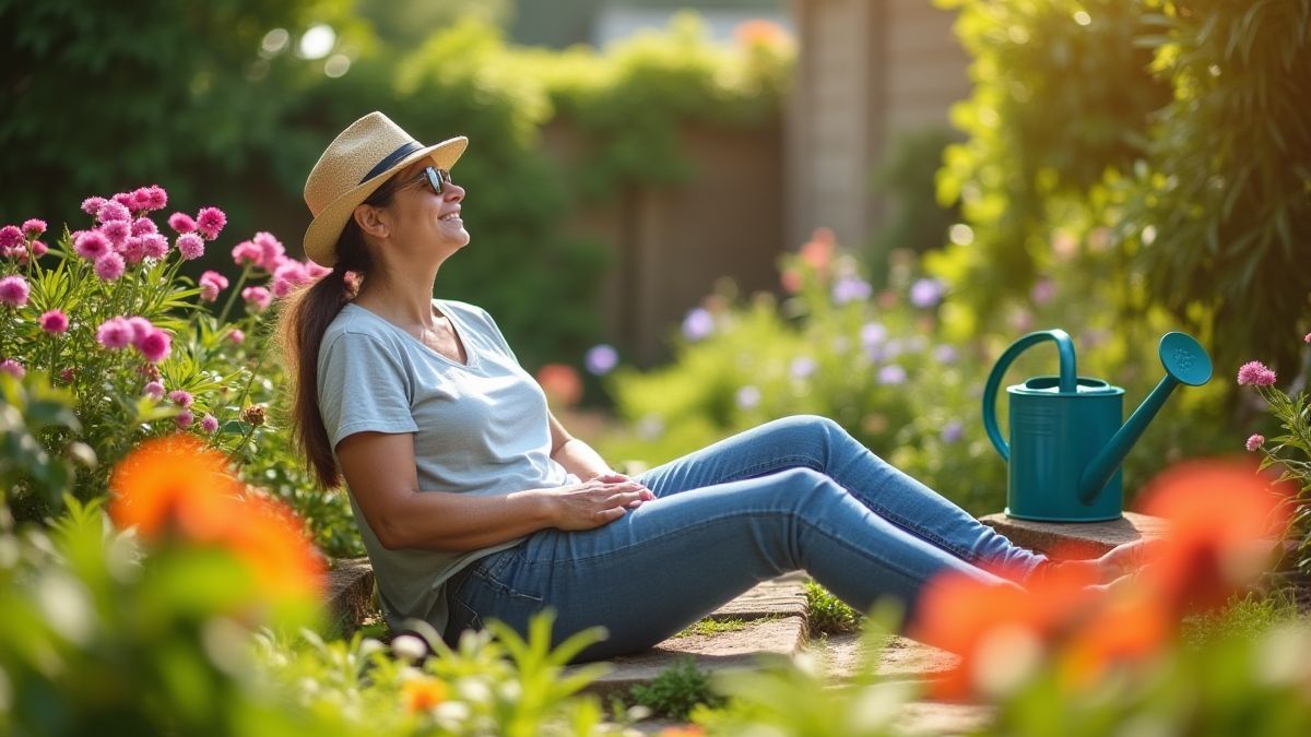 A gardener relaxing in a vibrant garden.