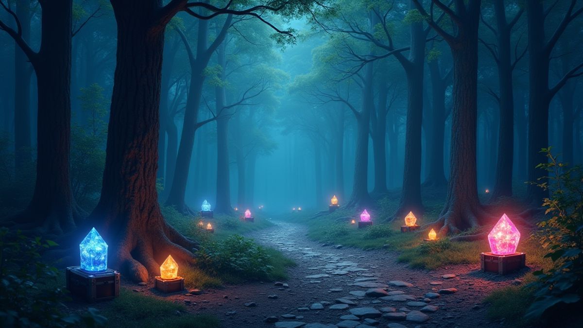 Een mystiek bos met glinsterende kristallen en schatkisten tussen de bomen.