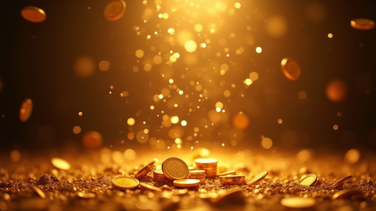 Gouden munten die vallen in een magische omgeving vol heldere lichten.
