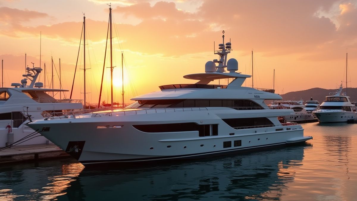 Yacht in a luxurious harbor at sunset.