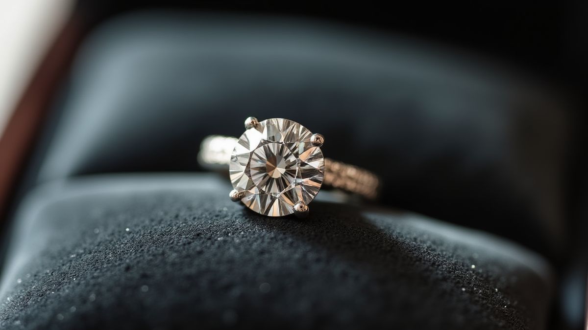 Diamond ring on a velvet cushion.