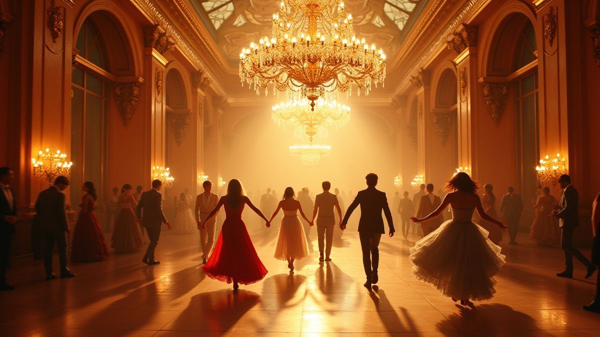 Um salão de baile brilhante com um lustre dourado e dançarinos em trajes elegantes.