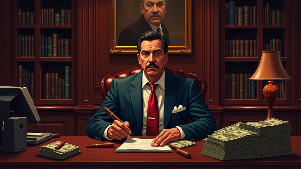 Luxuriöses mafia-stil Büro mit dunklem Holz-Möbeln und Geldstapeln auf dem Schreibtisch.