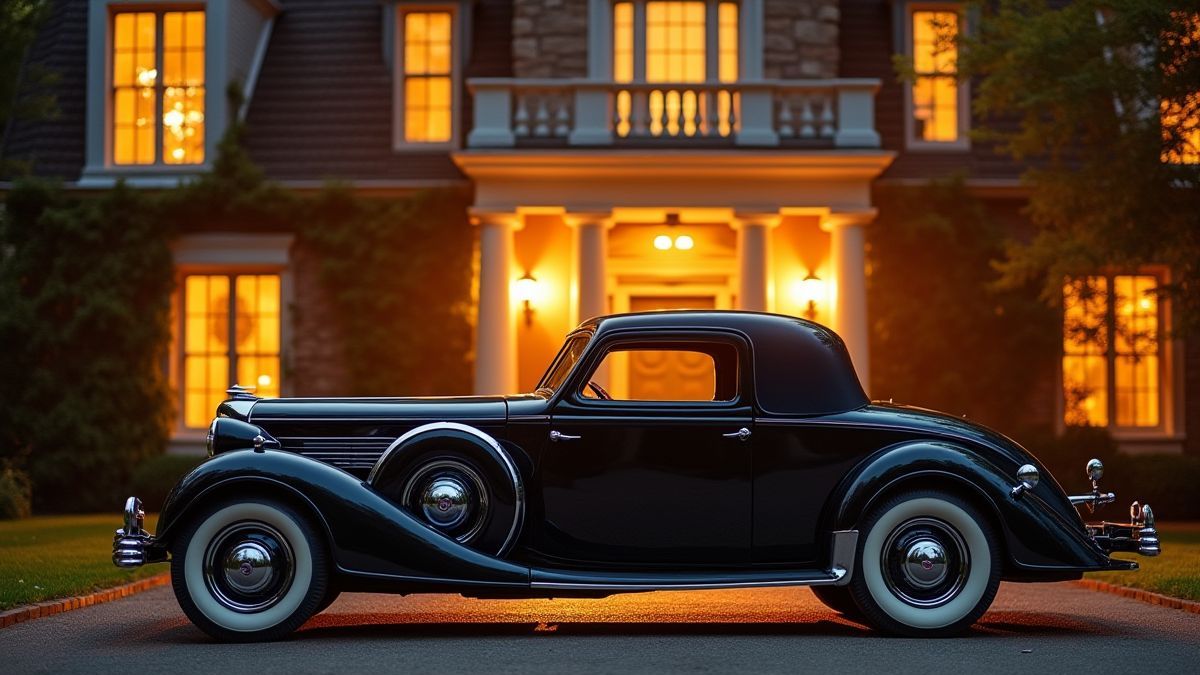 Ein klassisches Auto, das vor einer luxuriösen Villa parkt, beleuchtet von goldenem Licht.