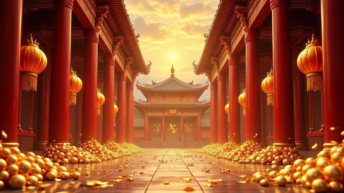 Um palácio oriental rodeado de tesouros dourados.