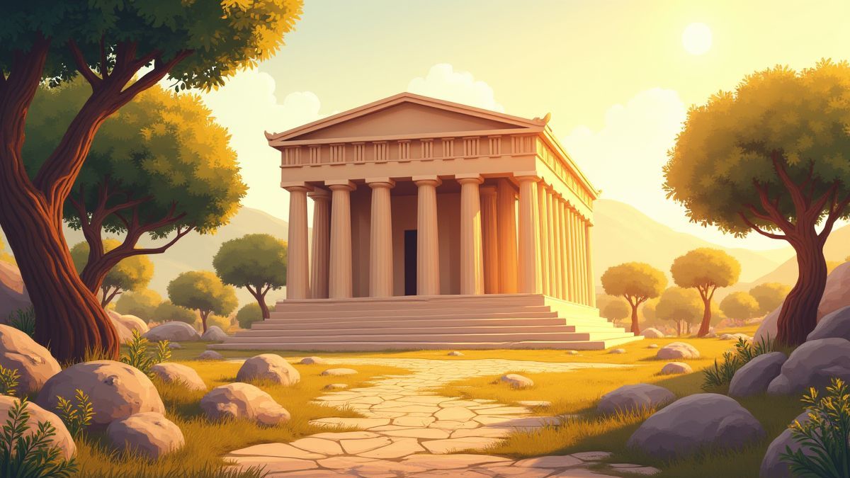 Templo griego antiguo rodeado de olivos bajo la luz dorada.