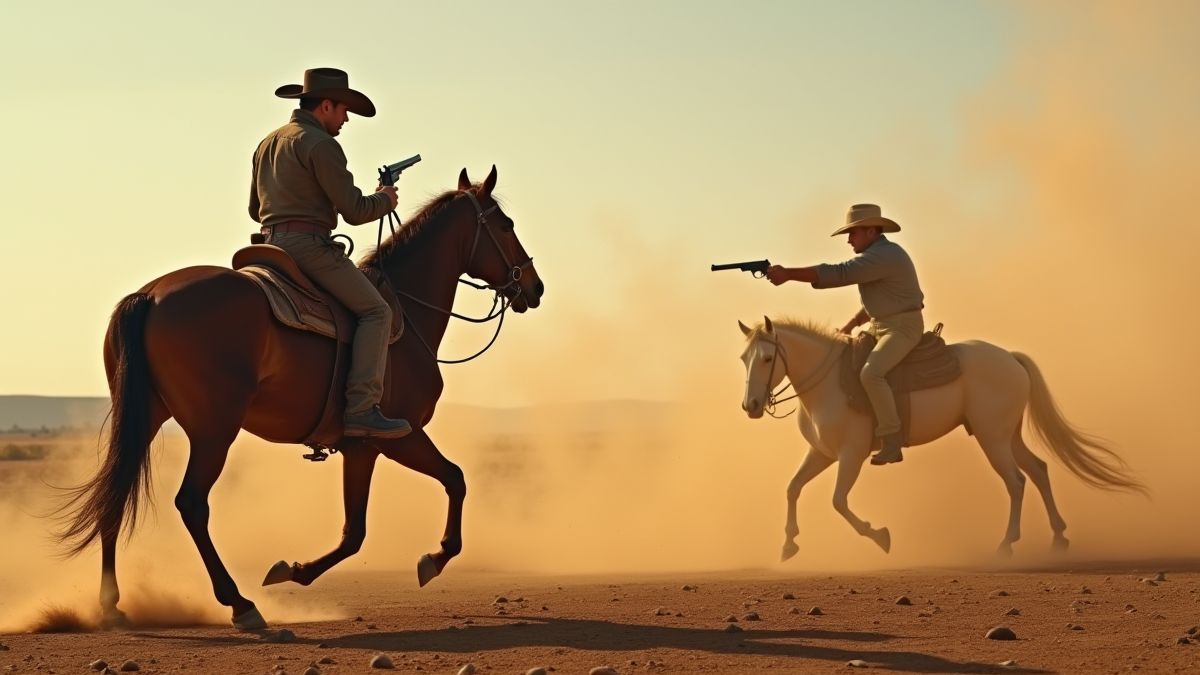 Um cowboy em um duelo épico no deserto.