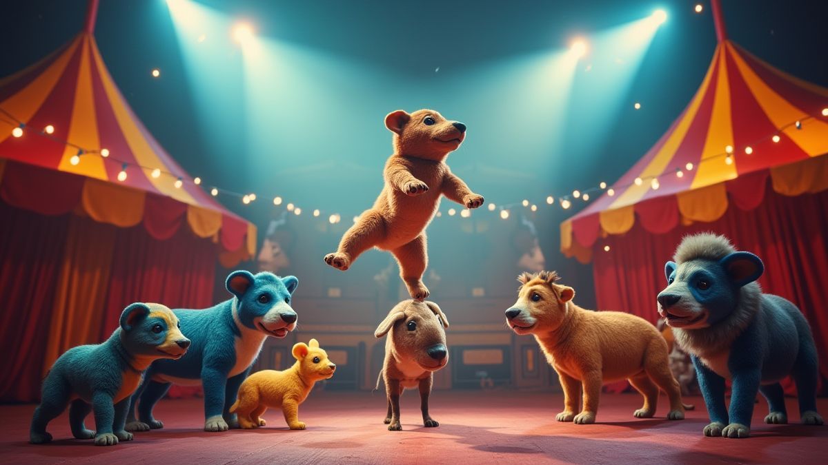 Animales de circo haciendo trucos bajo luces brillantes.