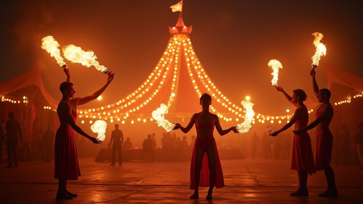 Malabaristas de circo jugando con fuego en una carpa brillante.