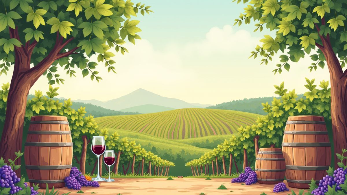 Illustration of vines and barrels with wine glasses.