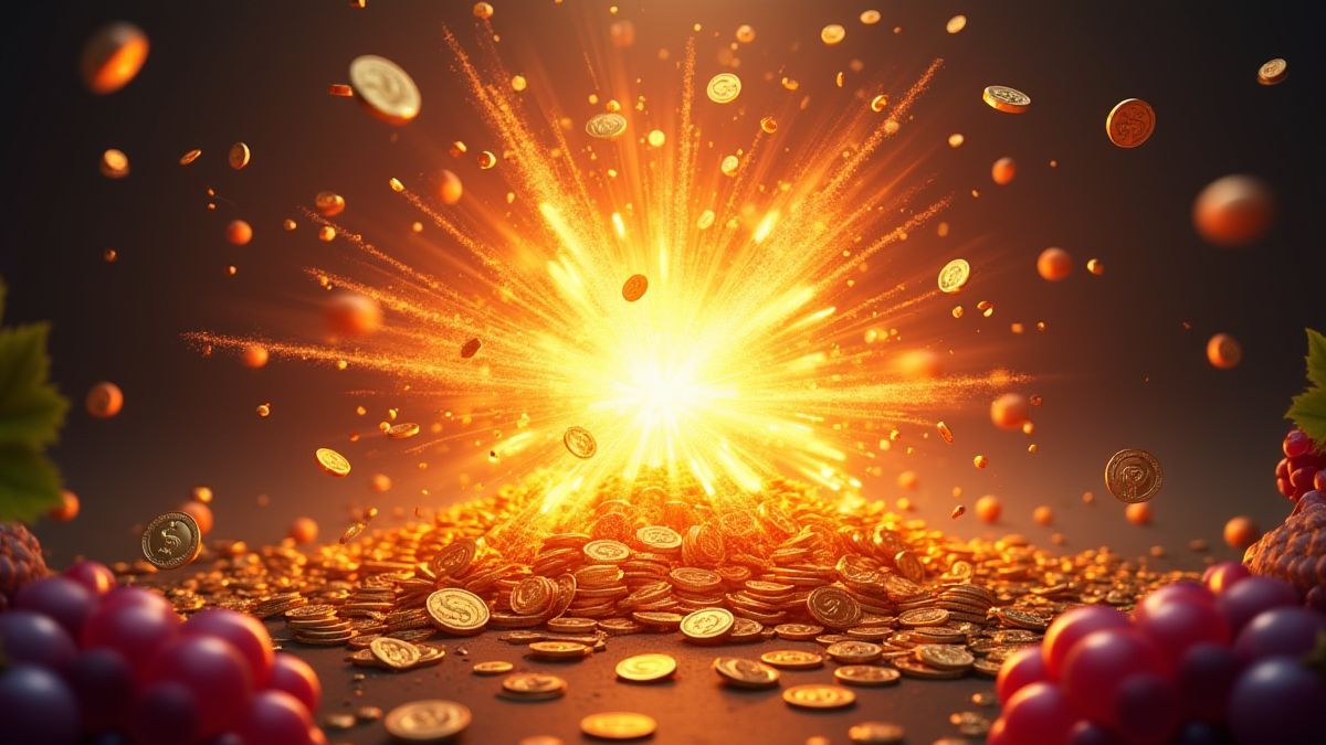 Jackpot explosion with coins and grapes.