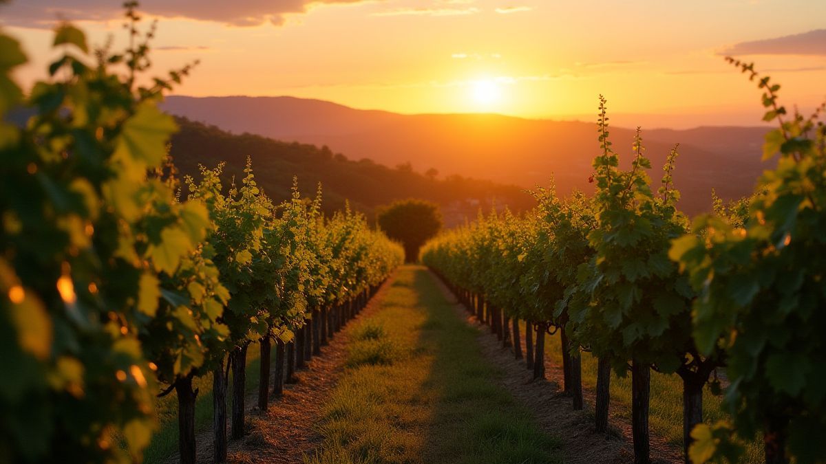 Vineyard landscape with vines and a sunset.