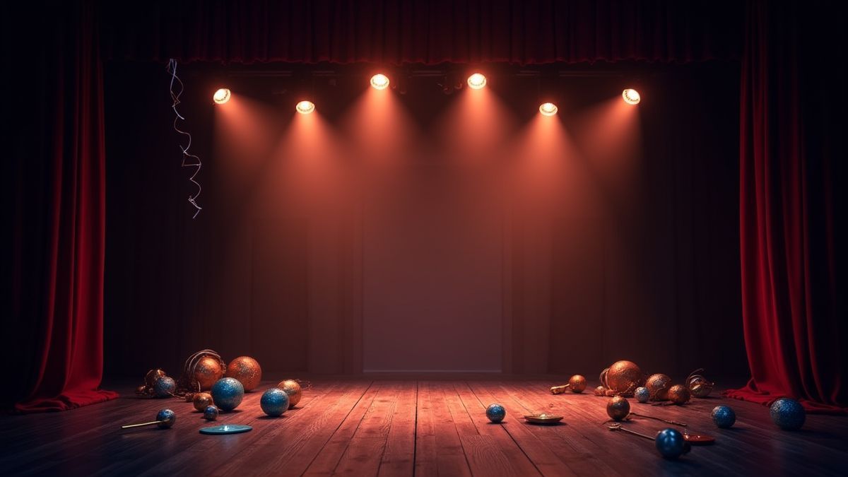 Theaterbühne mit leuchtenden Lichtern und verstreuten magischen Requisiten.