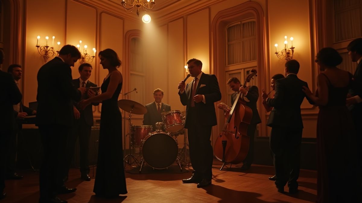 Banda de jazz tocando em um salão elegante dos anos 20 com pessoas dançando.