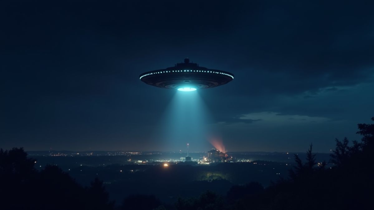 Un OVNI survolant une installation gouvernementale secrète par la nuit.