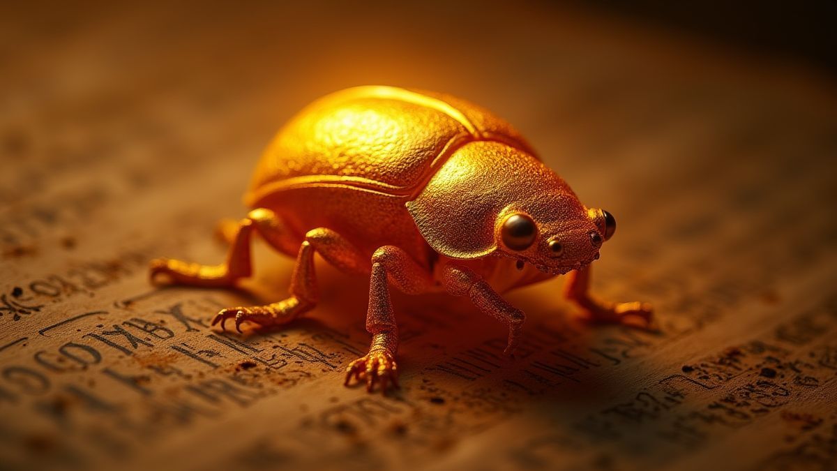 Een glanzende gouden scarabee op een Egyptisch perkament.