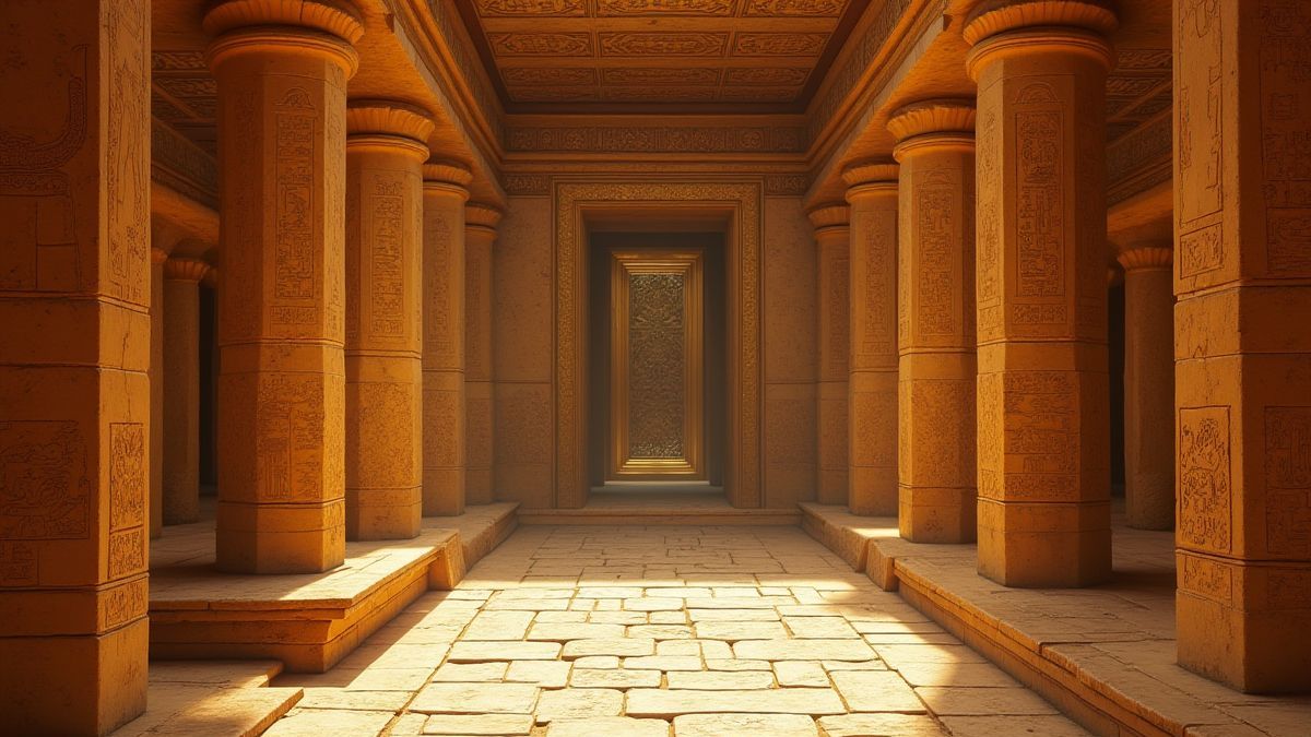 Een oud Egyptisch paleis met hiëroglifische muren en gouden artefacten.