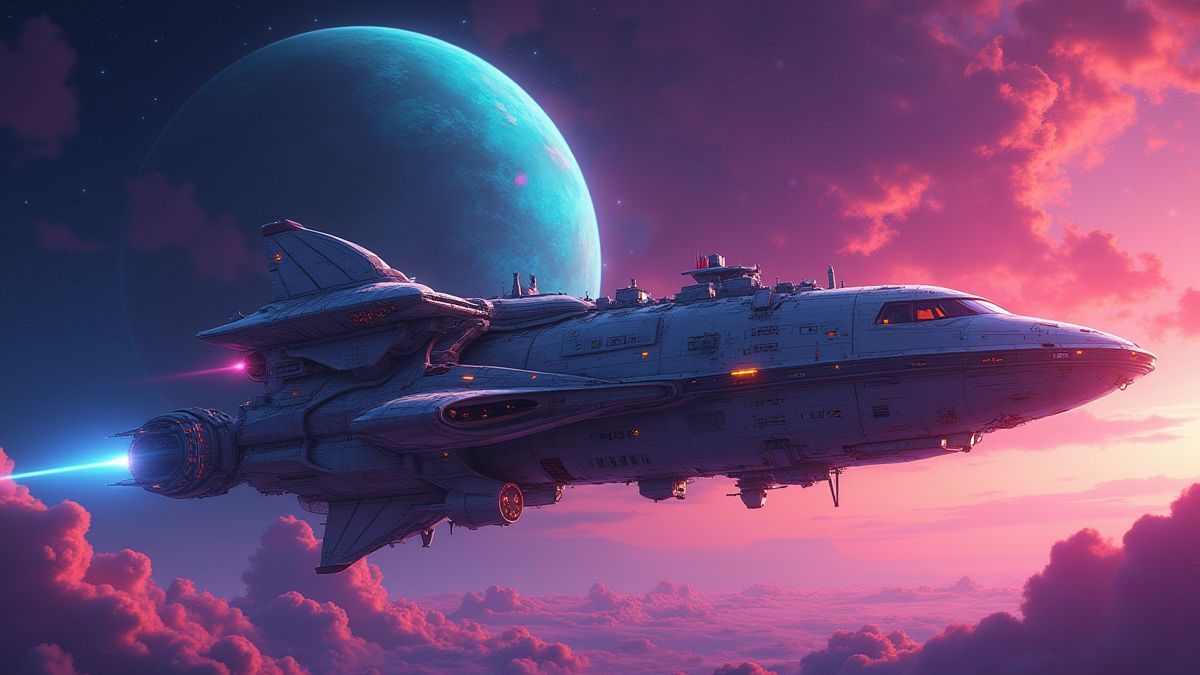 Estação espacial flutuando perto de um planeta colorido.