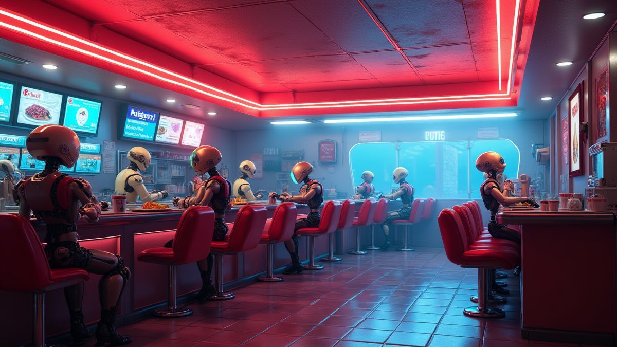 Restaurante futurista com luzes de néon e robôs servindo comida.