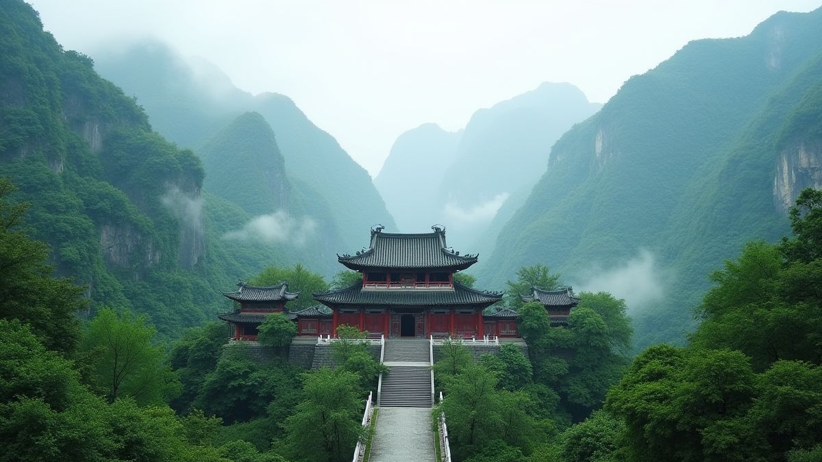 Chinesischer Tempel umgeben von grünen Bergen.