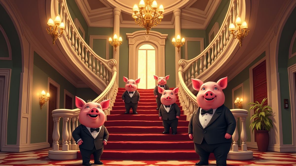 Una mansión glamurosa de los años 20 con cerdos elegantemente vestidos.
