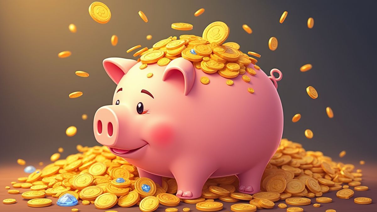 Un banco de cerditos lleno de monedas doradas y joyas.