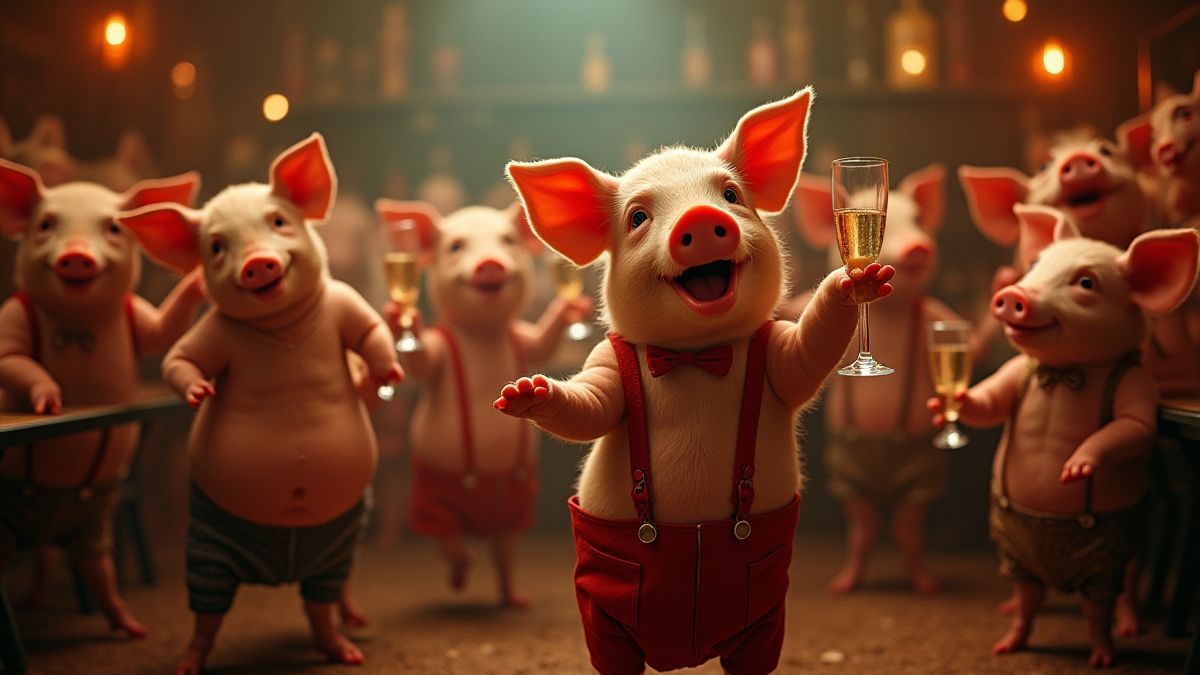 Cerdos bailando y bebiendo champán en una fiesta jazzy de los años 20.