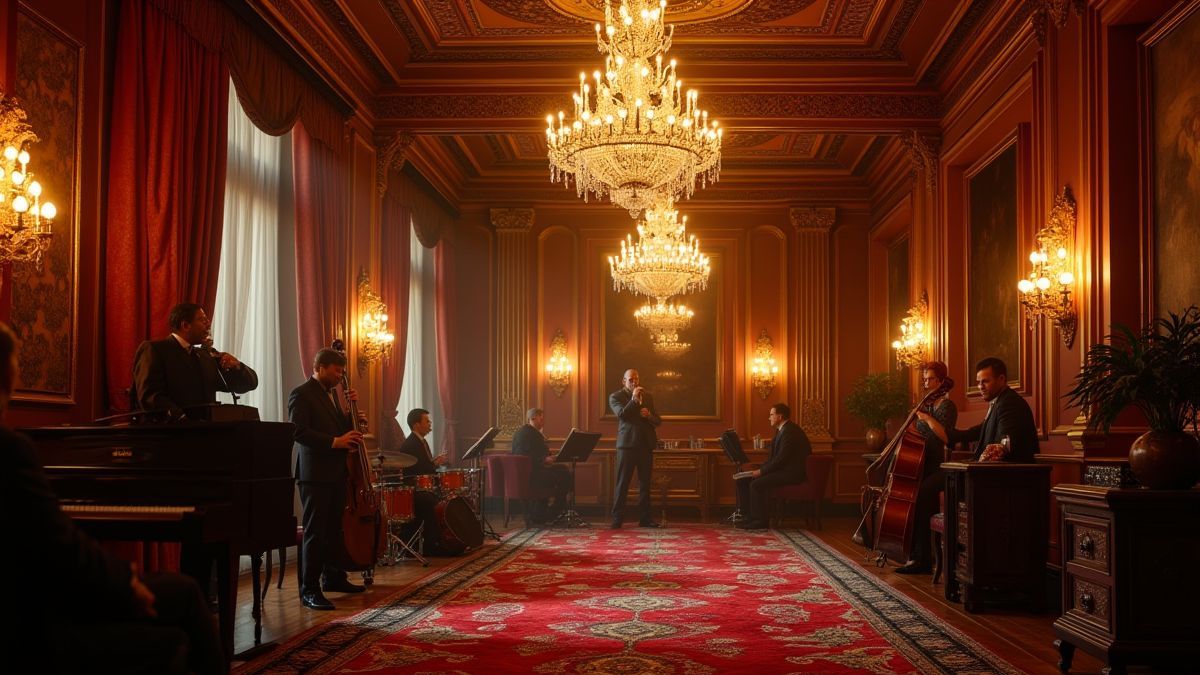 Innenraum einer luxuriösen Villa der 20er Jahre mit einer Jazzband.