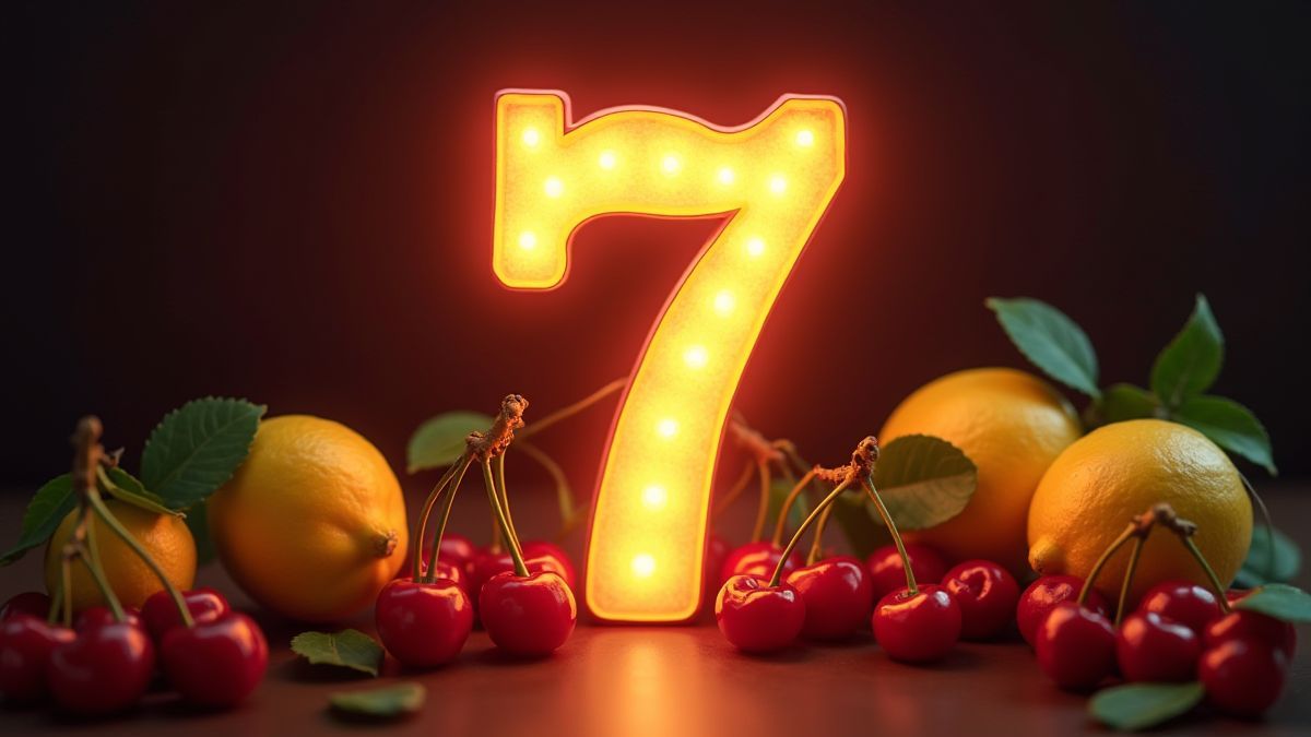 Leuchtende Zahl sieben umgeben von klassischen Früchten