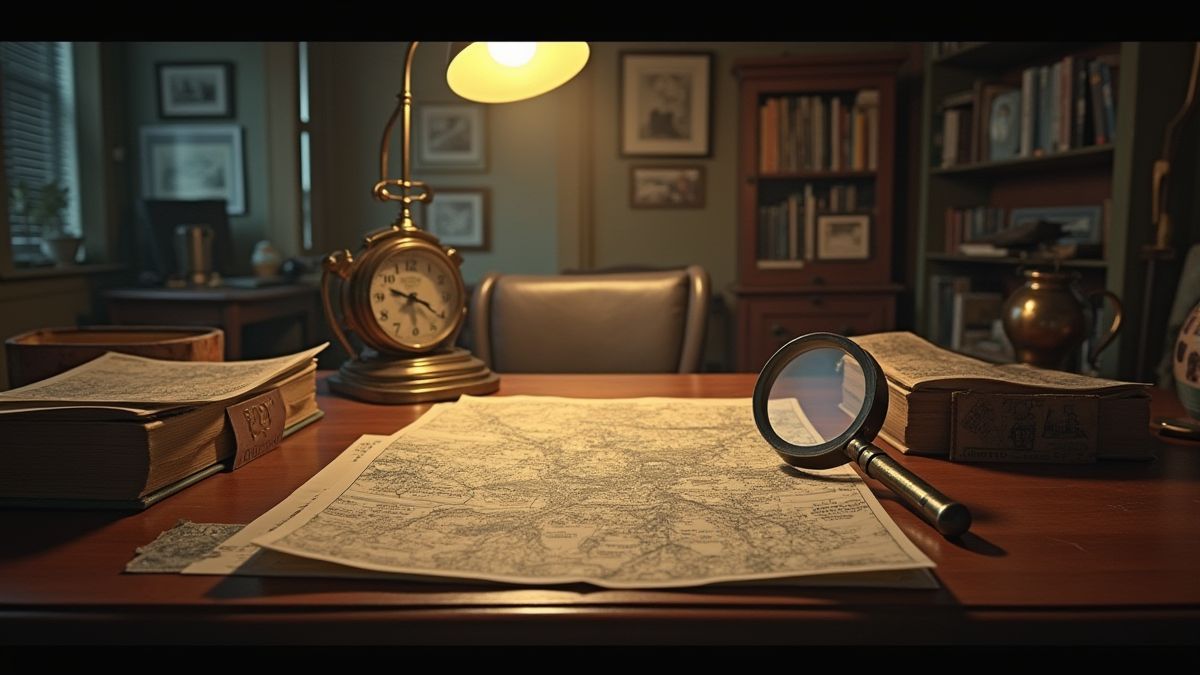 Detective kantoor uit de jaren '60 met kaarten en een vergrootglas.