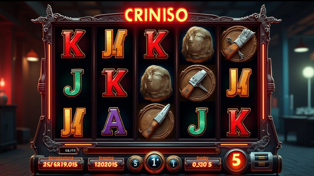 Gokkastinterface met retro styling en criminele iconen.